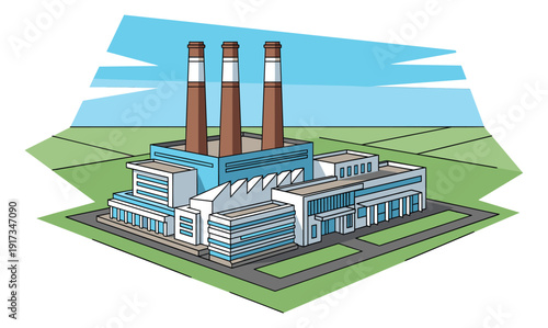 Cartoon line art illustration of an industrial factory depicting a manufacturing plant for economic production