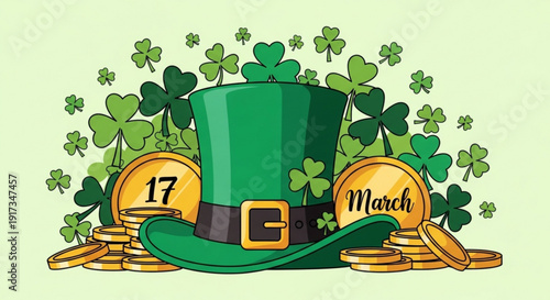 St patrick's day celebration with green hat shamrocks gold coins and calendar on light green background