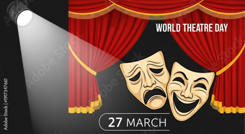 Theatrical masks on stage with red curtains for world theatre day on march 27th comedy and tragedy faces