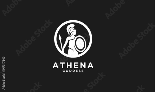 Greek Goddess Athena Silhouette with Spear and Shield in Circle Logo Design