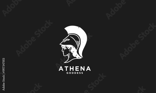 Stylized white silhouette of ancient Greek goddess Athena in a Corinthian helmet, iconic logo design.