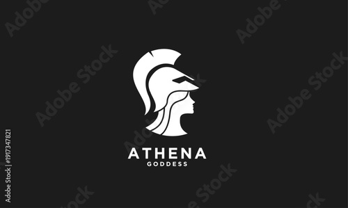 Athena goddess profile in ancient Greek Spartan helmet logo design on black background