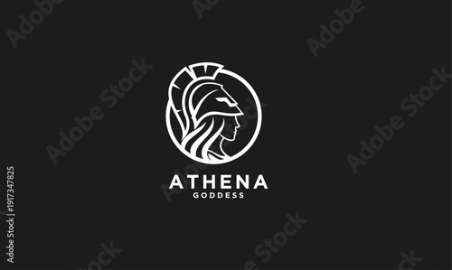 White line art logo of Athena, Greek goddess and warrior, depicted in profile wearing a classical helmet, on a dark background.