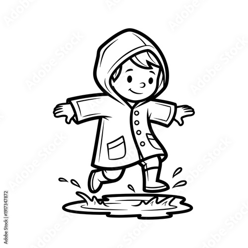 Child wearing raincoat jumping in puddle with joy and excitement  