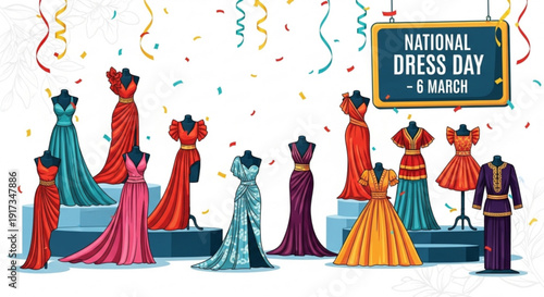Vibrant dresses on display for national dress day on march 6 celebration background