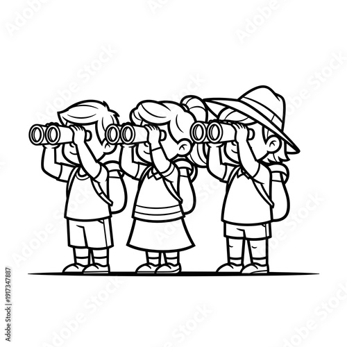Children with binoculars birdwatching in simple line art style  