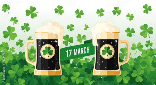St patrick's day celebration with beer mugs and shamrocks on march 17th