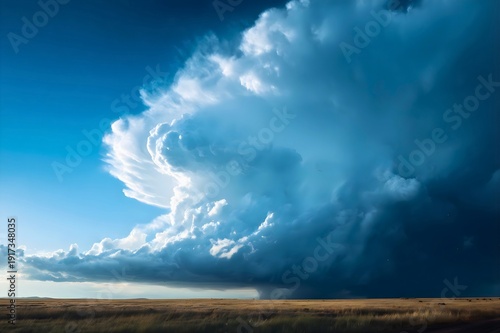Dramatic stormy weather with large cumulus clouds gathering over a vast open landscape with a clear blue sky