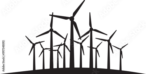 Wind turbines on a hill in black silhouette style