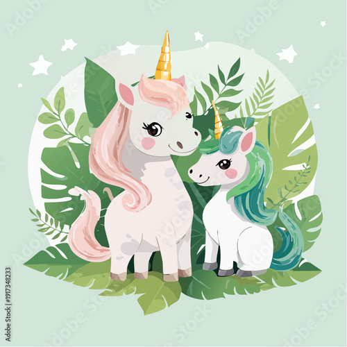 Whimsical fantasy illustration of unicorns surrounded by lush greenery and leaves, showcasing pastel colors and magical creatures