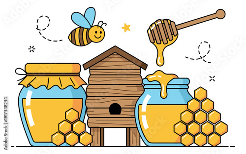 Cute line art honey and apiary elements set featuring a flying bee, beehive, honey jars, and honeycombs for natural food and sweet products