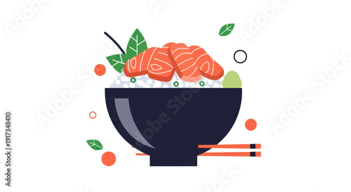 Illustrated rice bowl with salmon and chopsticks