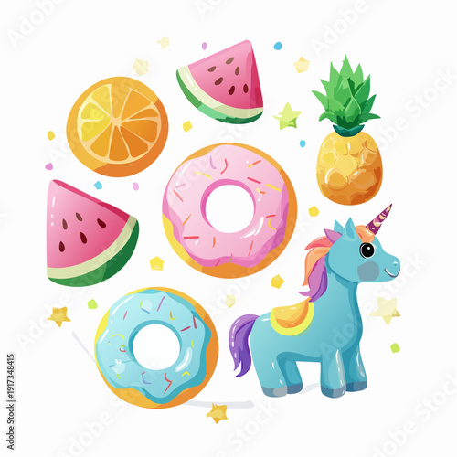 A whimsical illustration of a unicorn surrounded by colorful donuts and fruits in a playful setting, for kids, vector graphics