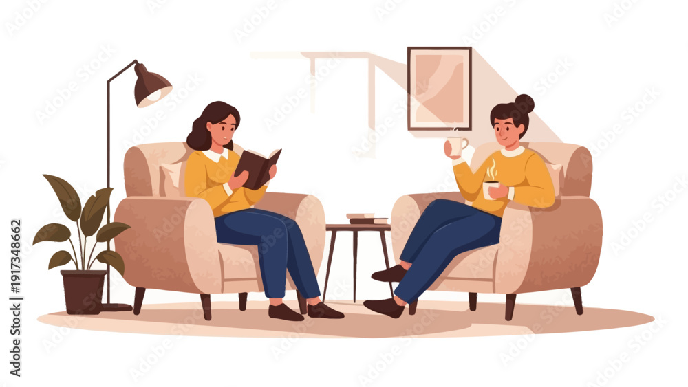 Fototapeta premium Two Women Relaxing on Sofas Reading Books.