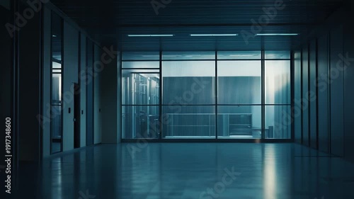 Empty office hallway featuring modern glazed partition walls and a polished floor, reflecting light and creating deep shadows, embodying concepts of corporate space, future, and absence