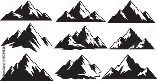 Black and White Mountain Range Silhouette Graphic Illustration Set