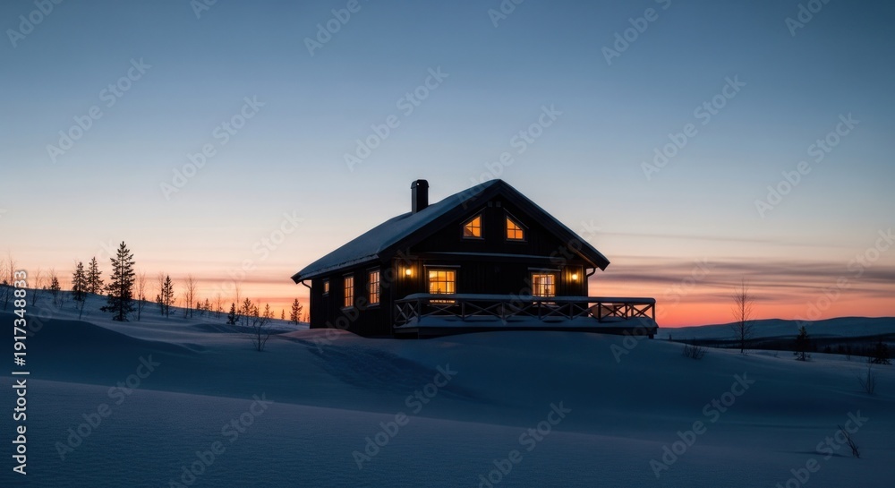 Obraz premium A cozy cabin glows warmly against a twilight sky, surrounded by snow-covered terrain