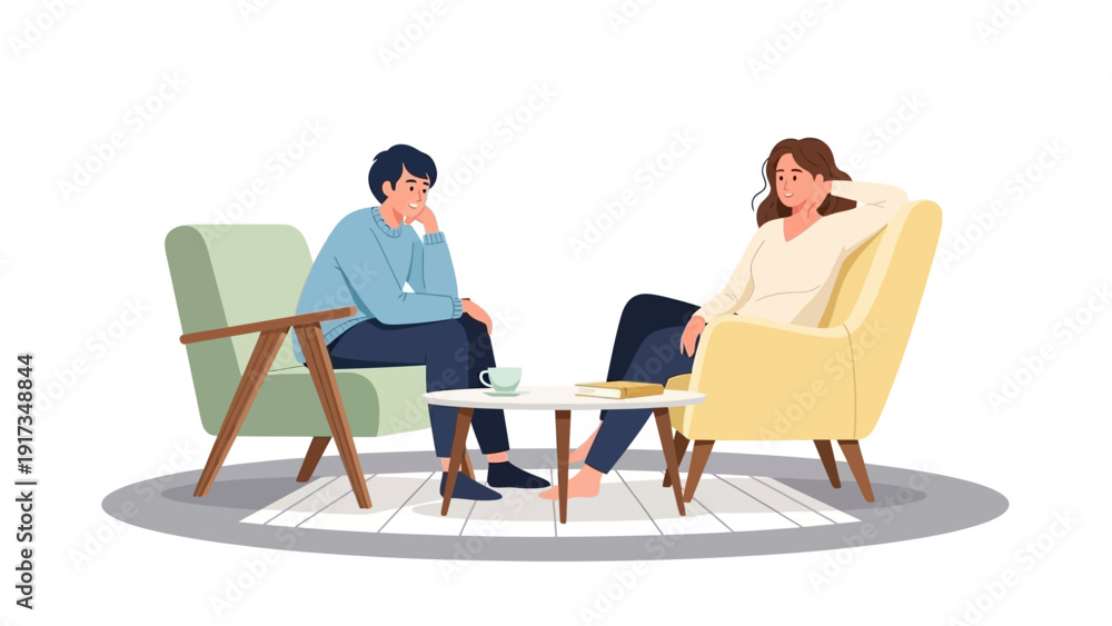 Fototapeta premium Man and Woman Sitting in Armchairs Talking.