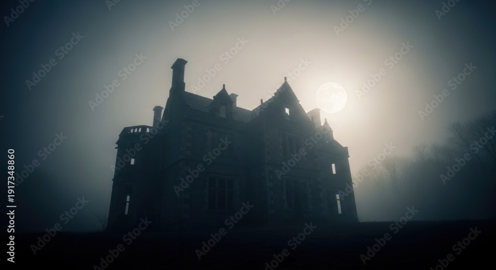 Obraz premium A dark, gothic mansion silhouetted against a misty moonlit sky. Fog shrouds the grounds