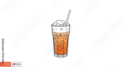 Refreshing Iced Tea with Ice Cubes and Straw in Tall Glass, Hand-Drawn Style