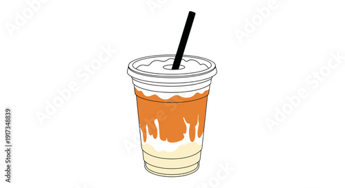 Refreshing Iced Thai Tea in a Clear Plastic Cup with Straw, Hand-Drawn Style