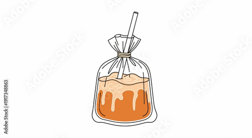 Refreshing Orange Drink in Plastic Bag with Straw, Street Food Style