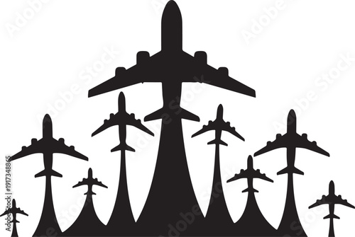 Airplanes Silhouettes Flying High in the Sky Together