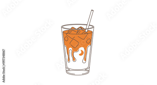 Refreshing Orange Drink with Ice and Straw in a Tall Glass, Minimalist Illustration