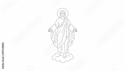 Religious Iconography: Jesus Christ Ascending to Heaven on Clouds, Line Art