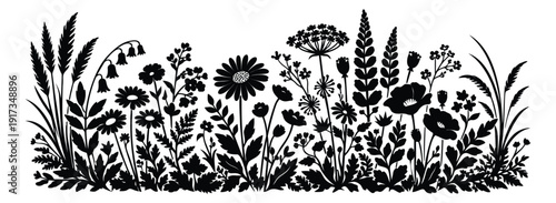 Black silhouette wildflower border set featuring various wild plants and flowers for botanical decoration