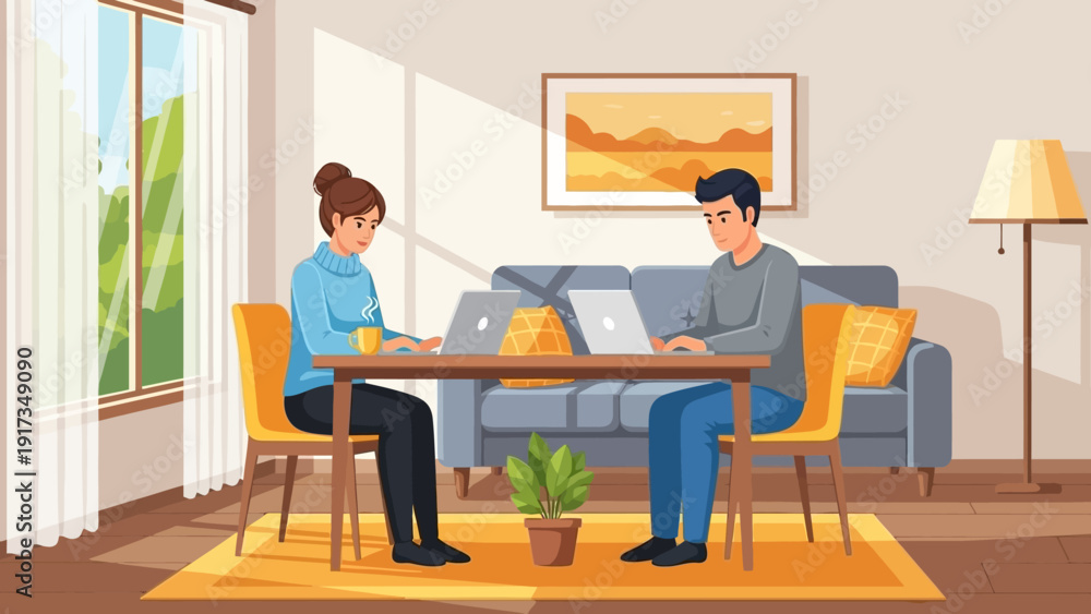 Fototapeta premium Couple working together on laptops at home.