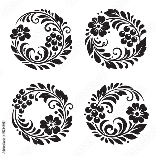 An abstract vector frame shaped as a circle, composed of flowing flowers, leaves, and grape clusters, creating a decorative, elegant, and artistic design.