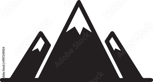 Three black mountain peaks vector icon with snow caps, symbolizing nature, adventure, and elevation. Isolated on a transparent background, suitable for outdoor themes and travel designs.