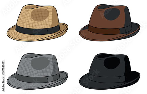 Hand drawn fedora hats set featuring four distinct designs in various colors for fashion and style accessories
