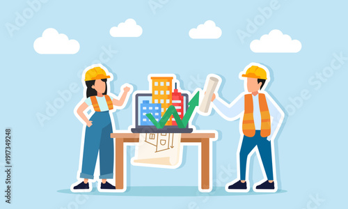 Two engineers discussing at project desk with laptop showing miniature buildings illustration of master plan preparation for skyscraper construction