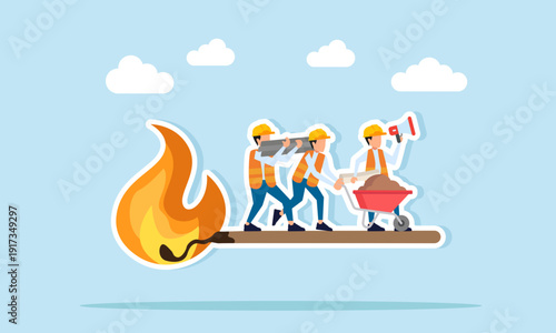 Engineers standing on burning match illustration of construction project deadline pressure