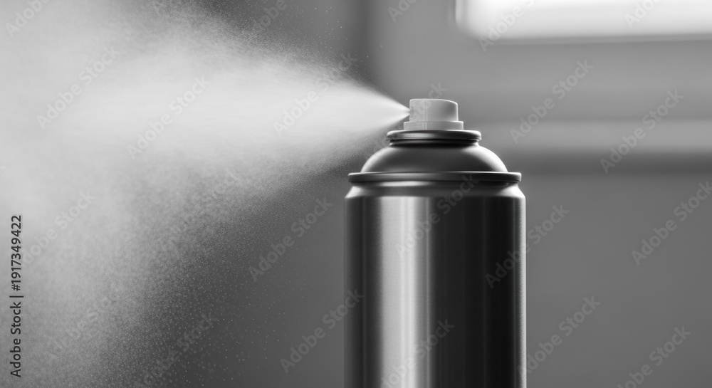 Naklejka premium A monochrome image shows a spray can releasing a fine mist against a blurred background