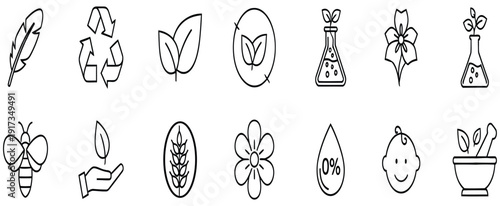 Feather recycling symbol leaves flask flower bee hand wheat drop baby mortar quill writing