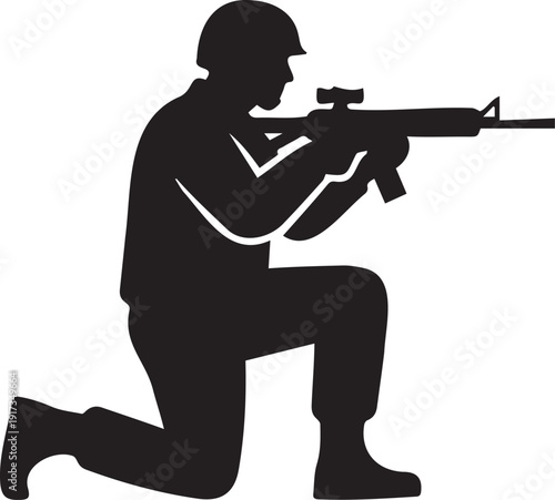 Soldier silhouette in a kneeling position aiming a rifle with a scope, depicted in a solid black vector illustration, isolated on a white background.