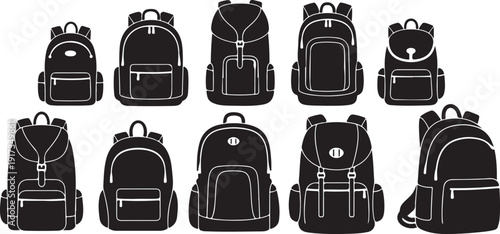Collection of various backpacks in black and white outline