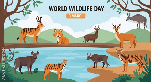 World wildlife day illustration with diverse animals by serene lake and forest landscape
