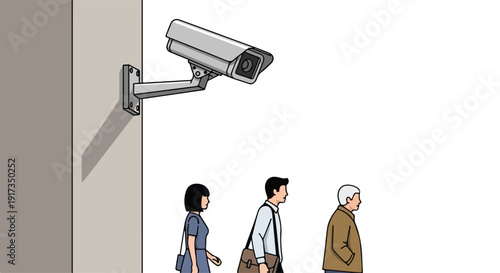 Illustration of a CCTV camera monitoring people walking in a public area with a white background.