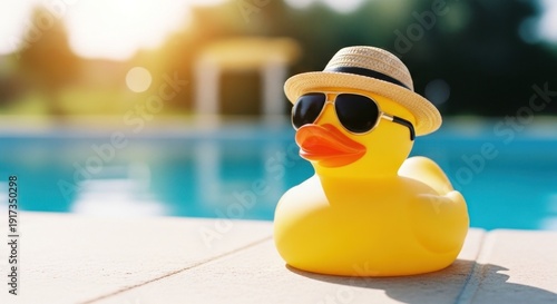 Wallpaper Mural A yellow rubber duck wearing sunglasses and a hat next to a swimming pool, sunny day Torontodigital.ca