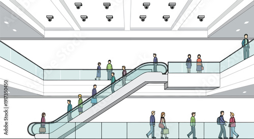 Illustration of people walking on escalators and a walkway in a modern public area with CCTV cameras on the ceiling.