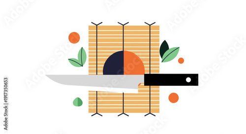 Knife on a bamboo mat food preparation