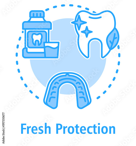Fresh Protection blue concept icon with Mouthwash, Clean And Fresh, Mouth Guard.
