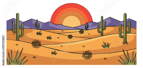 Hand drawn line art illustration of a desert scene depicting a sunset with mountains and cacti for nature and travel