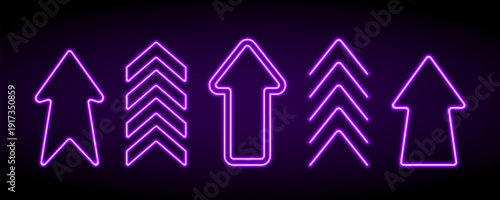 Bright purple neon up arrow element. Glowing led upward direction sign. Shine tube lamps in arrowhead shape. Luminous fluorescent rise symbol for banner, poster, logo. Vector neon led lights
