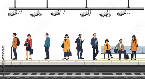 Illustration of people waiting on a train platform with CCTV cameras in a public area, with a modern and urban feel.