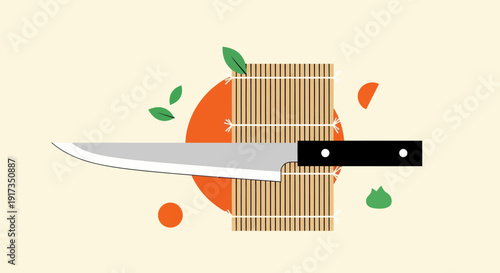 Knife on bamboo mat illustration